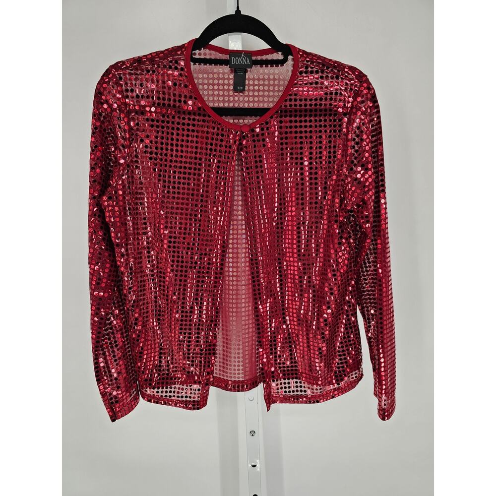 Vintage 1990s Donna Womens Sz M Cardigan Top Red Sequin Shiny Sparkly Formal